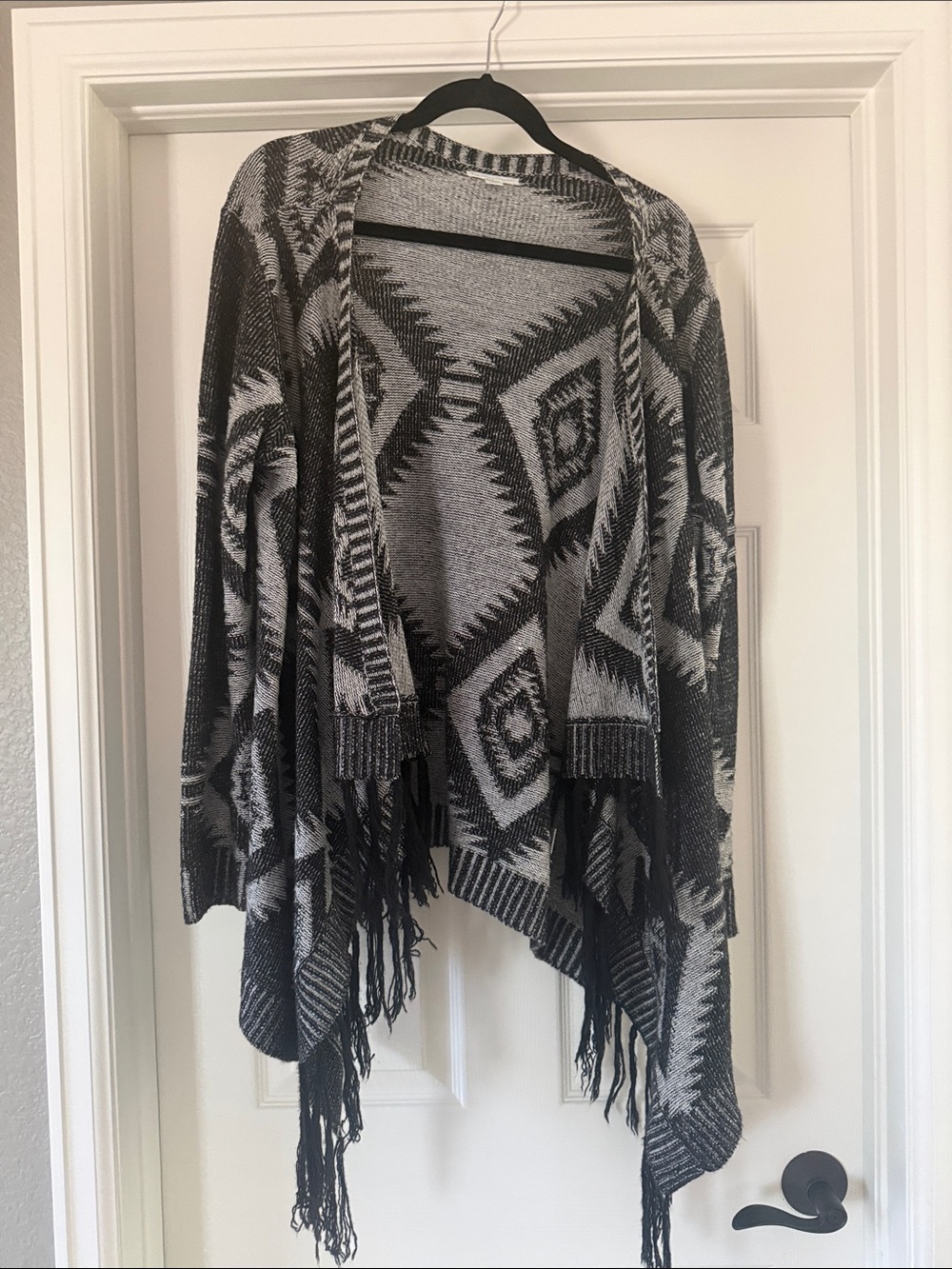 New York & Company Black and Gray Aztec Fringe Open-Front Cardigan